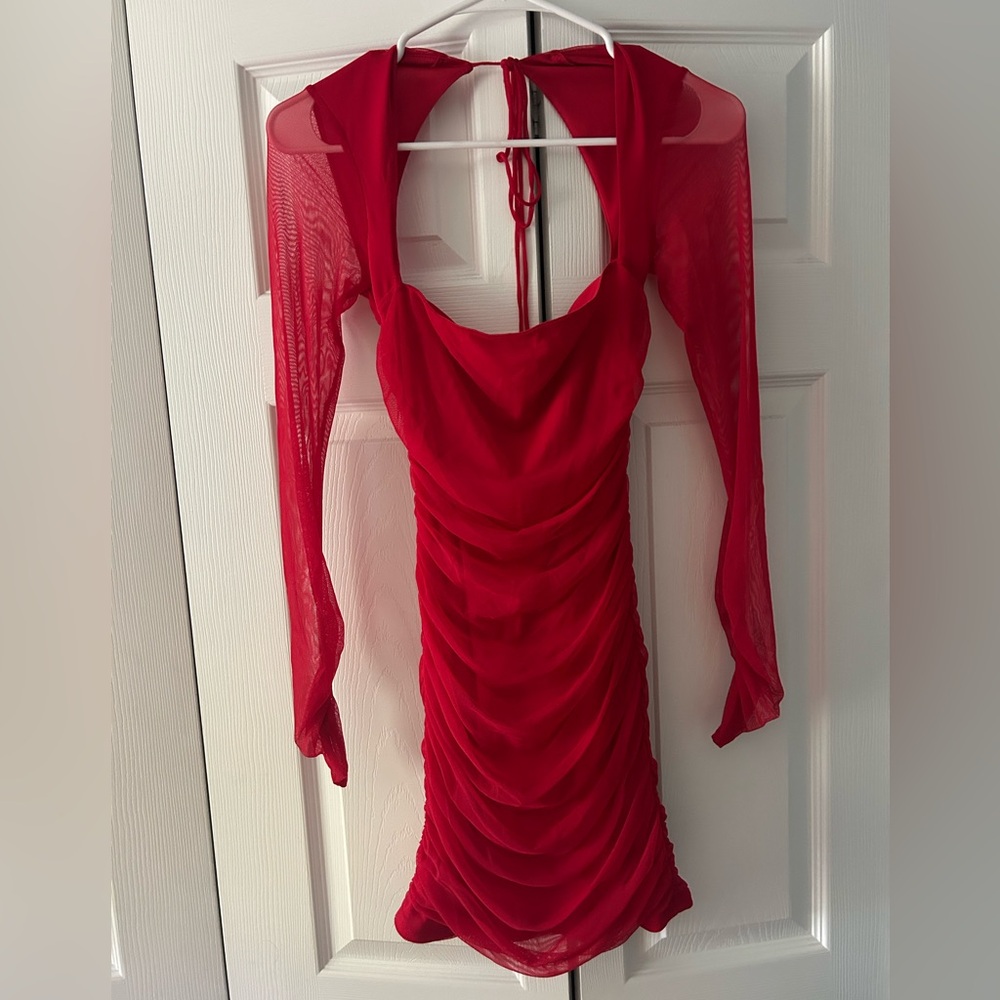 Lucy in the Sky Red Ruched Mesh Mini Dress